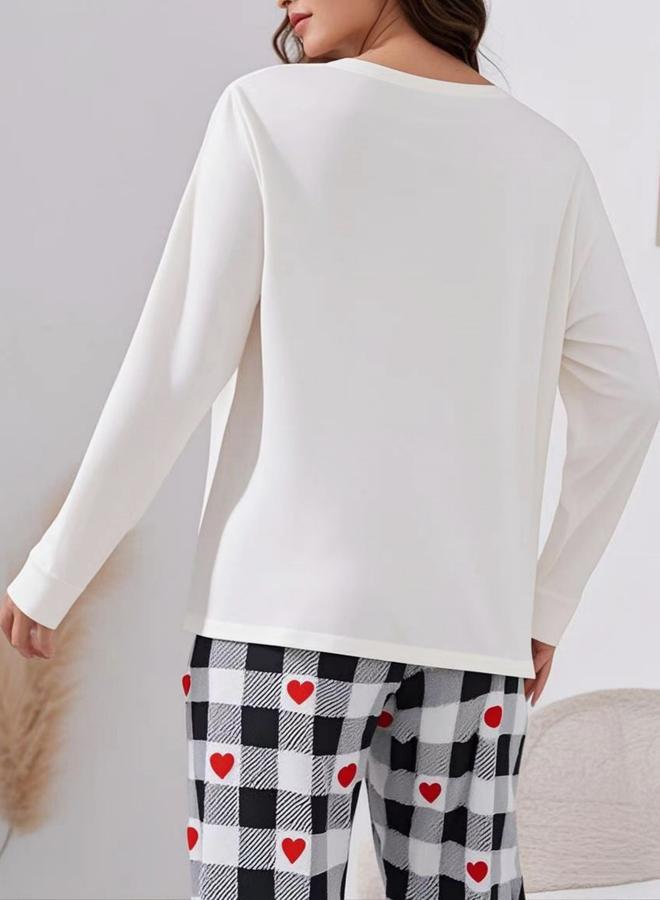 Take Two Slogan Printed Long Sleeve Top and Checked Pyjama Set - Image 1